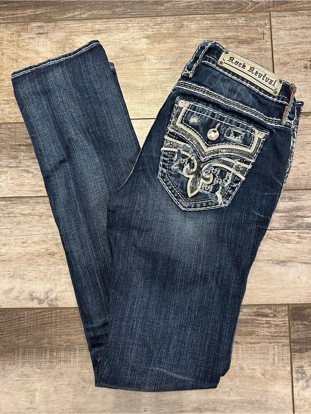 Rock Revival Women's Dark Indigo Embroidered Pocket Straight Leg Jeans